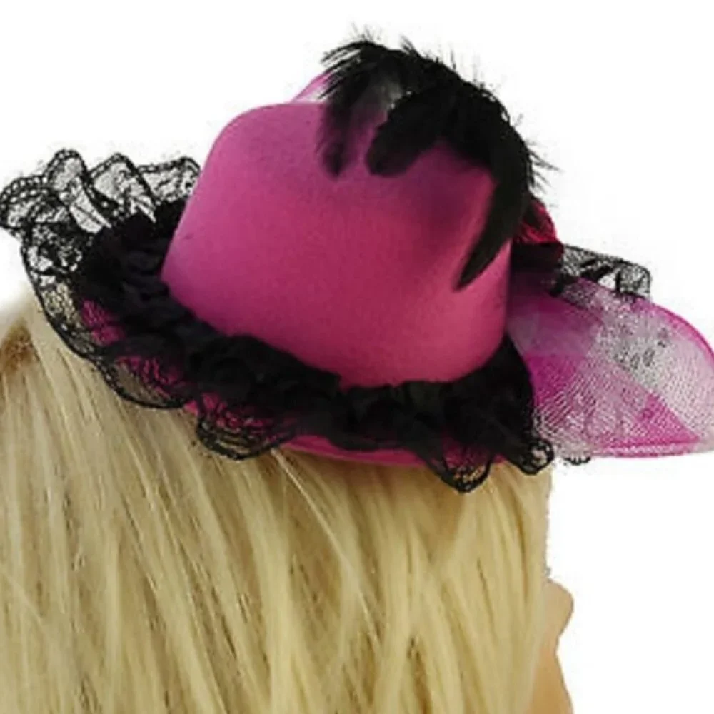 Pink Mini Top Hat Fascinator Lace Feather Derby Tea Party Costume